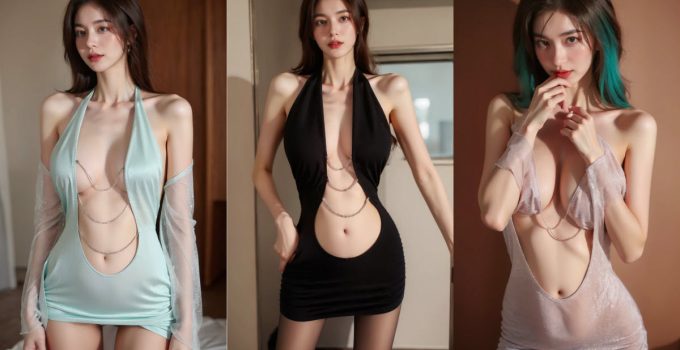 AI Lookbook Beautiful Model in Sexy Halter Neck Cut-Out Bodycon Dress Photos